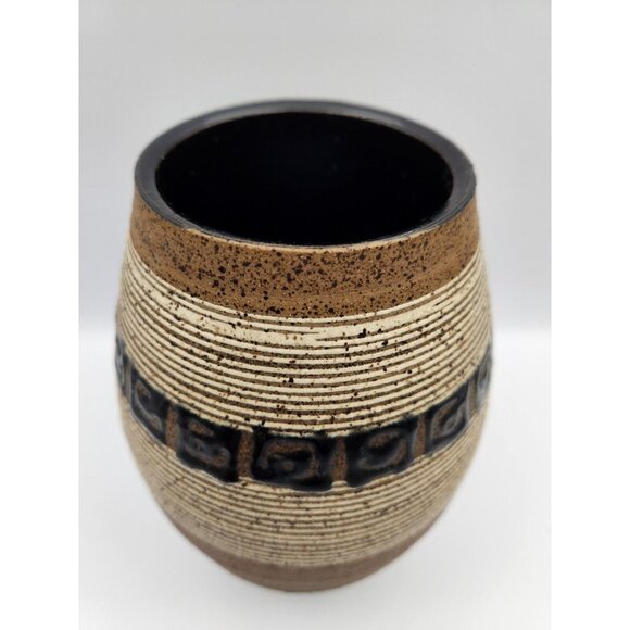 Black/Brown Speckled Striped Black Square Pattern Studio Pottery Vase Glazed - Picture 2 of 5
